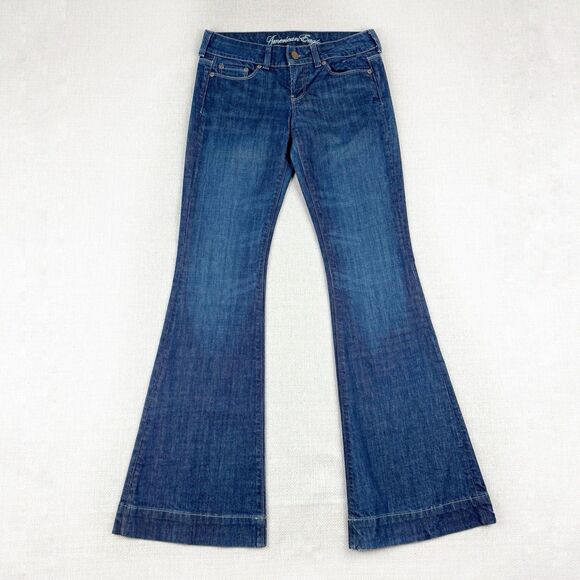 American Eagle Jeans Women's Low Rise Flared Embroidered Blue Denim Size 4 - Picture 1 of 15